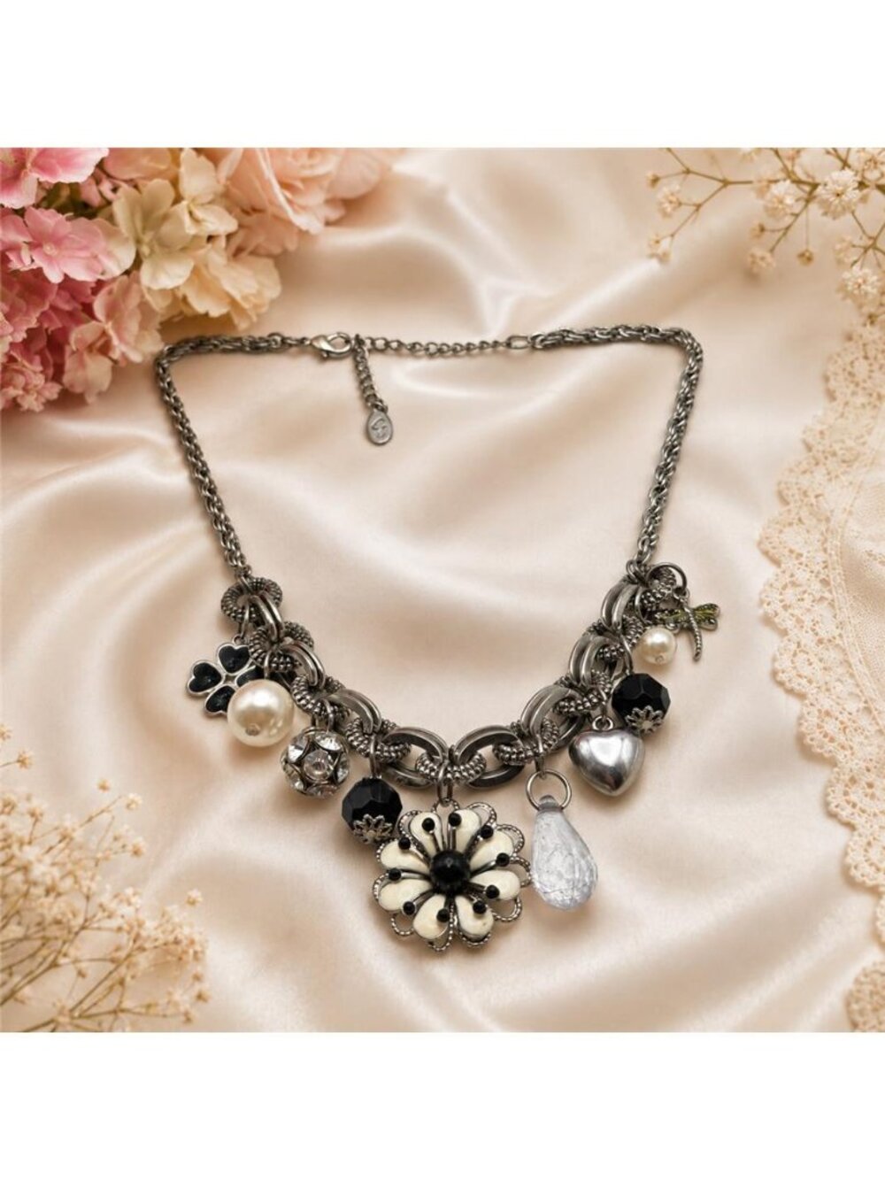 Silver Tone Enamel Flower Heart Faux Pearl Charm Necklace 20 In Signed CG